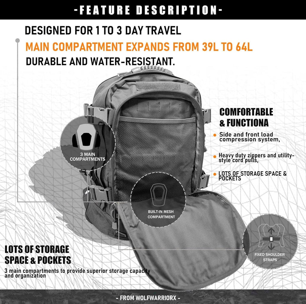 Miramrax Tactical Backpack Military Army Daypack - Assault Pack for Men Molle Backpacks Bug Out Bag 3 Day Pack for Hiking Camping Travel Hunting Rucksack Trekking Grey