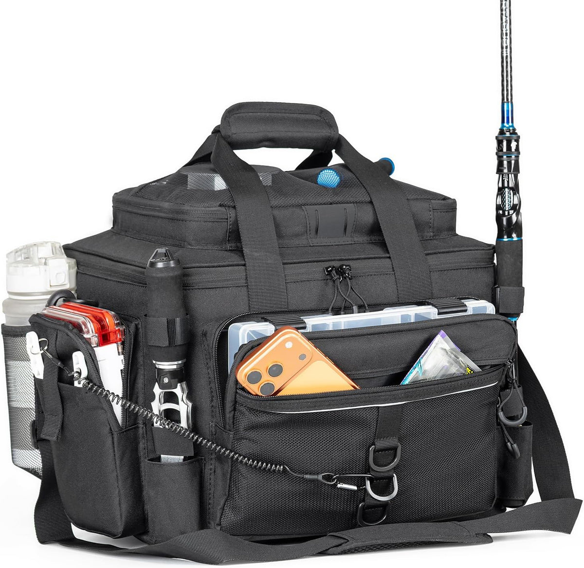 Rabjen Fishing Tackle Bag with Rod Holders & Cooler Main Compartment – Large Capacity Fishing Bag for Organized Gear Storage