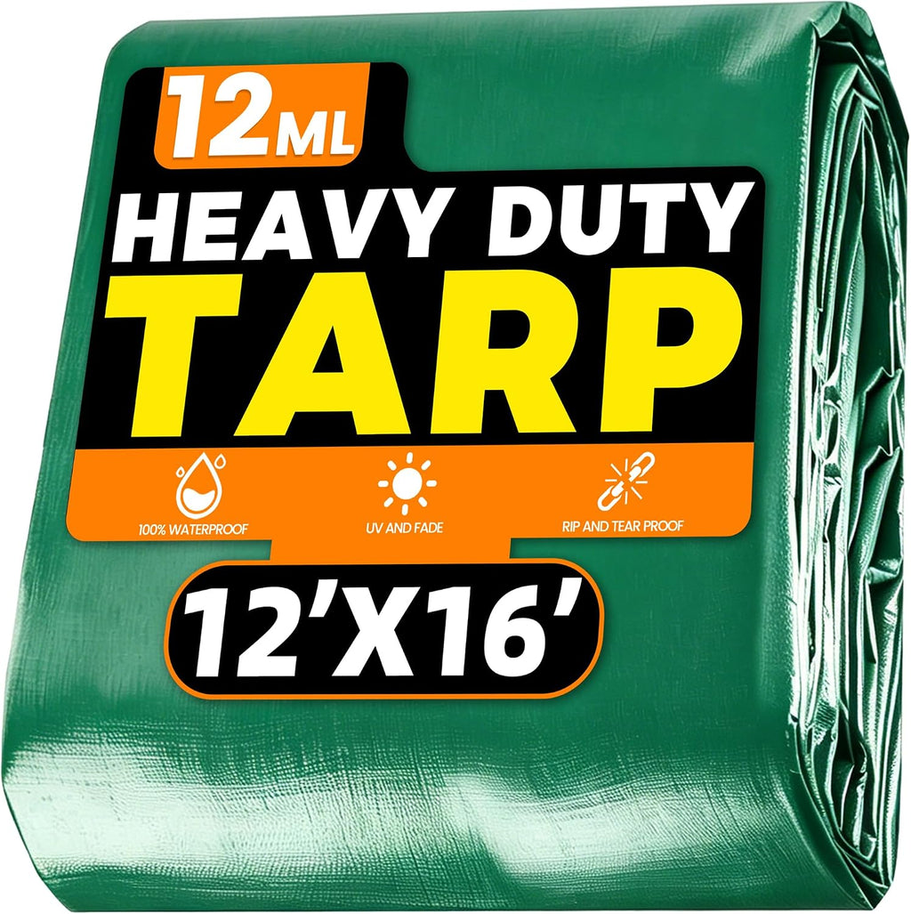 Heavy Duty Waterproof Tarp 12x16 ft, 12 Mil Thick Polyethylene