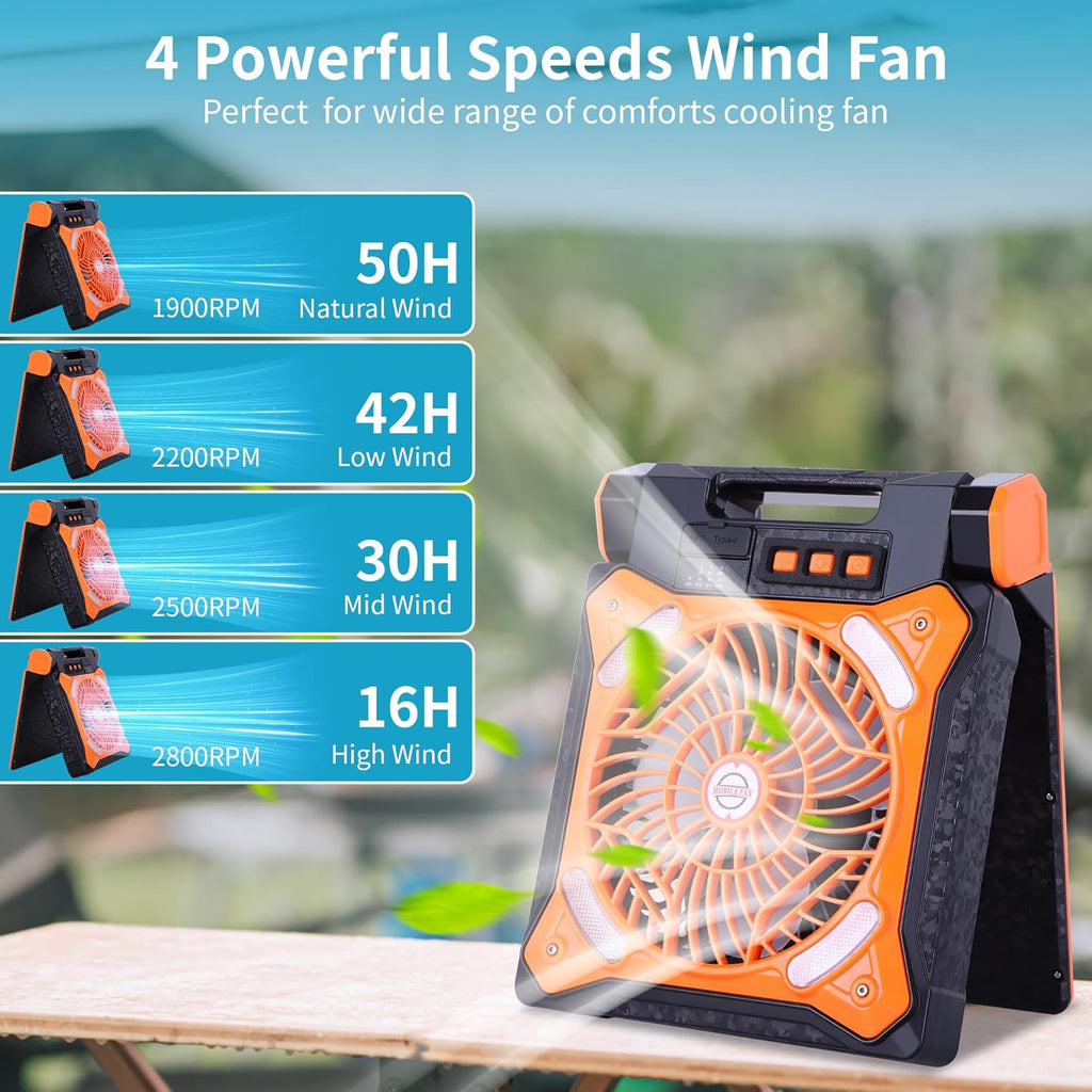 WESTTREE Solar Fan Battery Powered Rechargeable Solar Camping Fan with Led Lantern Power Bank Foldable Angle USB Personal Fans for Travel Outdoor CampingTents camping essentials X98 Orange