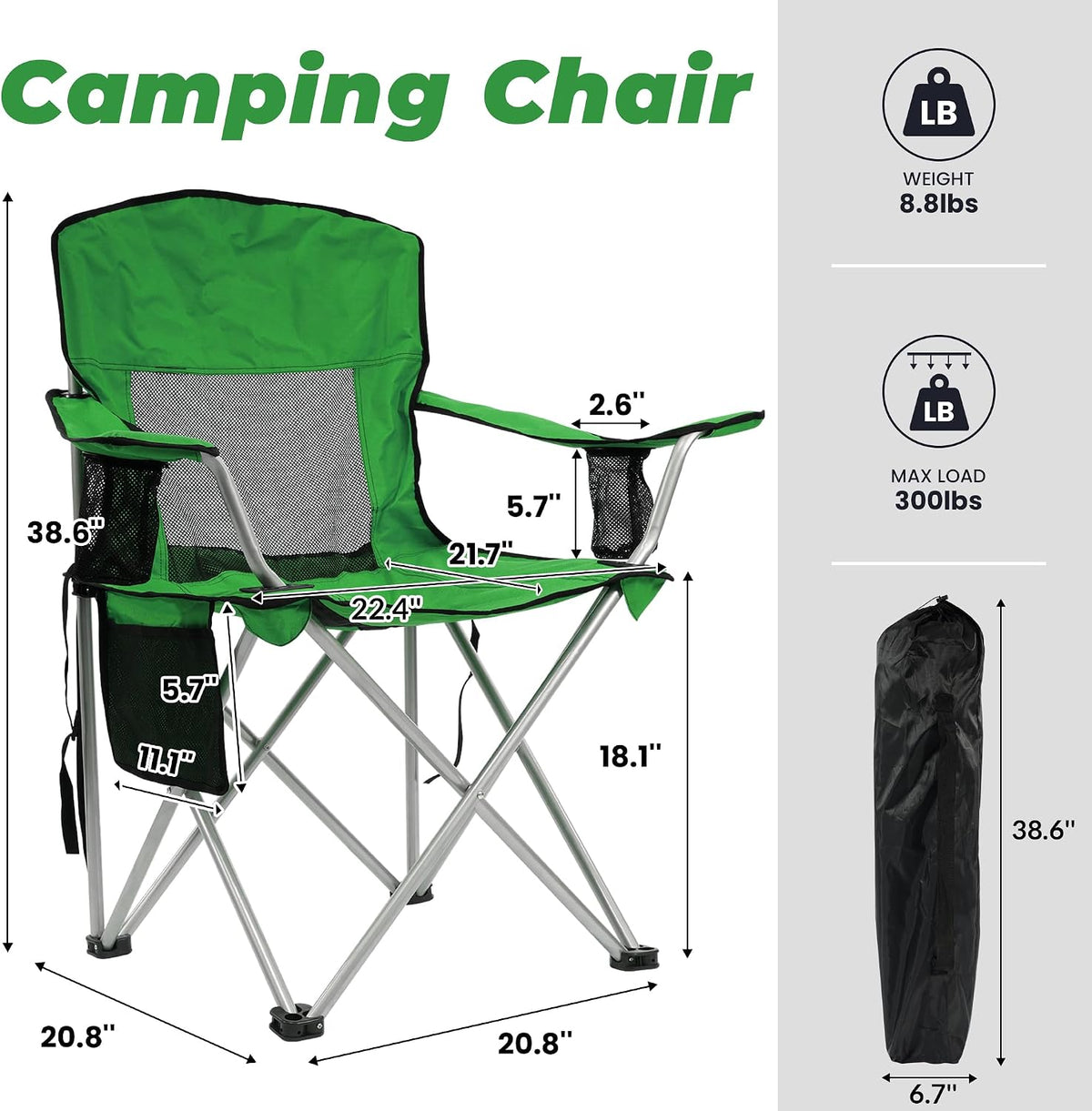HULKFIT Folding Camping Chairs, Portable Outdoor Beach Lawn Chair for Adults with Carry Bag & Built-in Cup Holder, Casual Foldable Chair for Picnic Fishing Garden,Grass Green