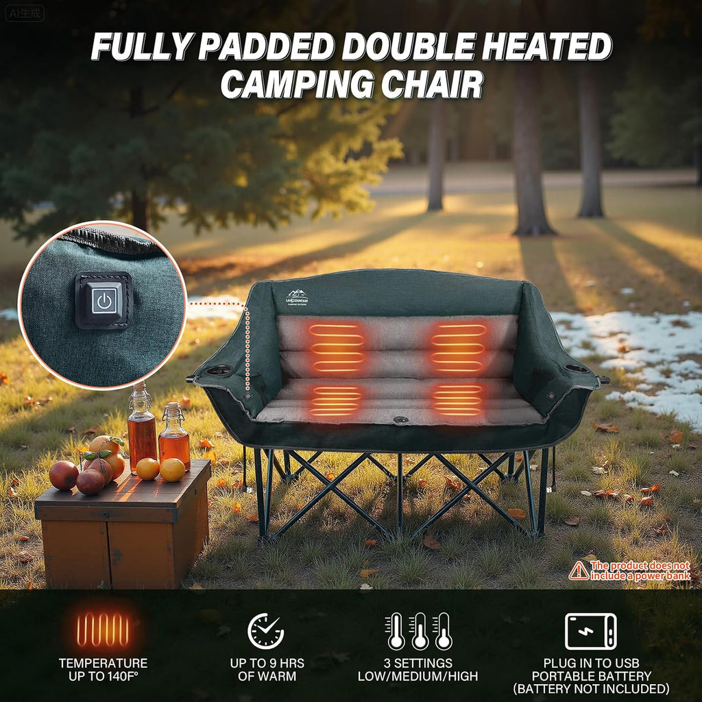 Heated Double Camping Chairs,3 Heat Levels Padded Portable Loveseat w/Wine Glass Holder,Cup Holder,Heating Outdoor Camp Couch Support 600 Lbs,Dark Green,Battery NOT Included