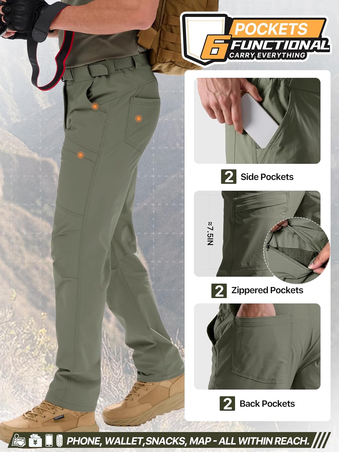 FREE SOLDIER Men's Outdoor Cargo Hiking Pants with Belt
