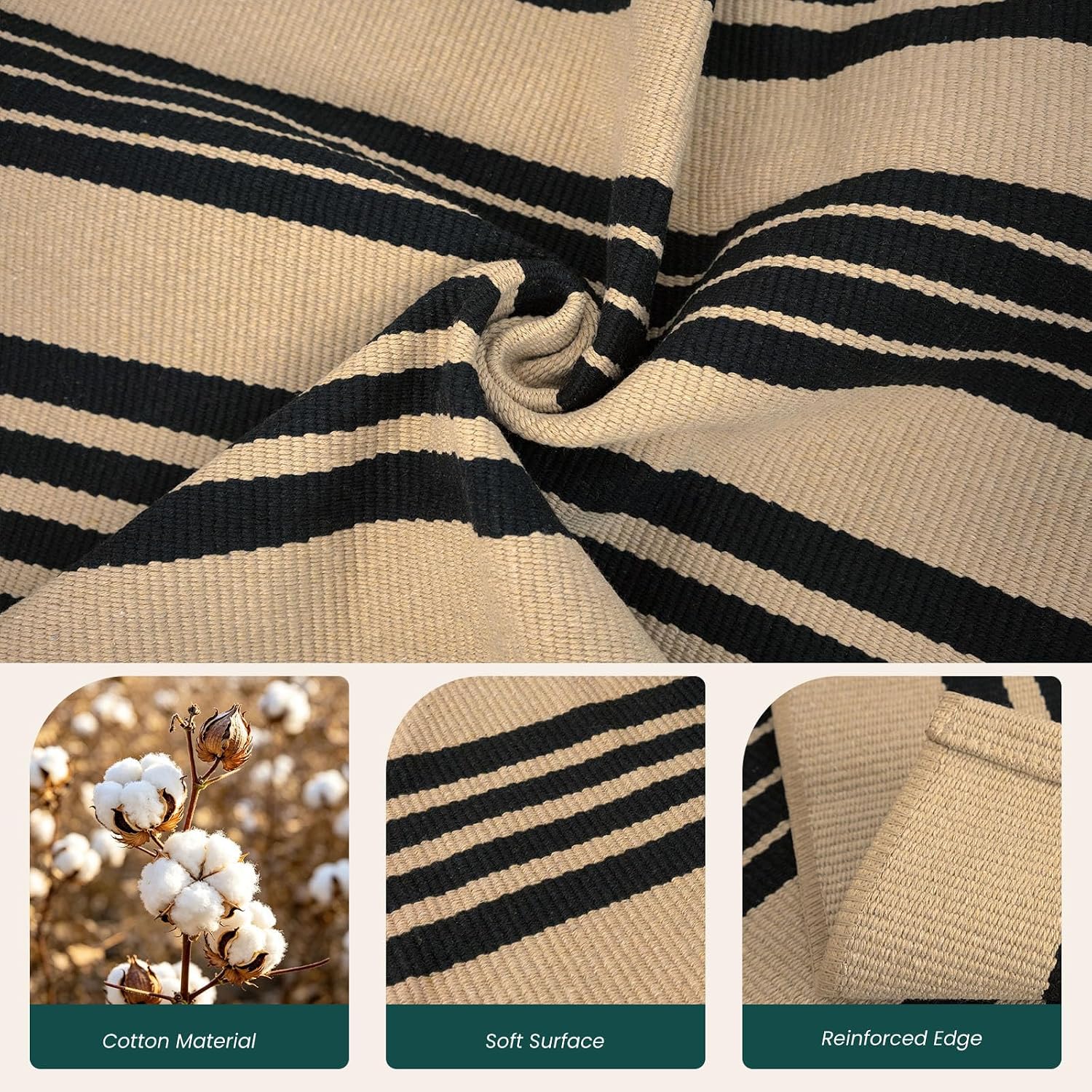 KOZYFLY 3'x5' Striped Area Rug, Brown and Black Woven Cotton Outdoor Rug