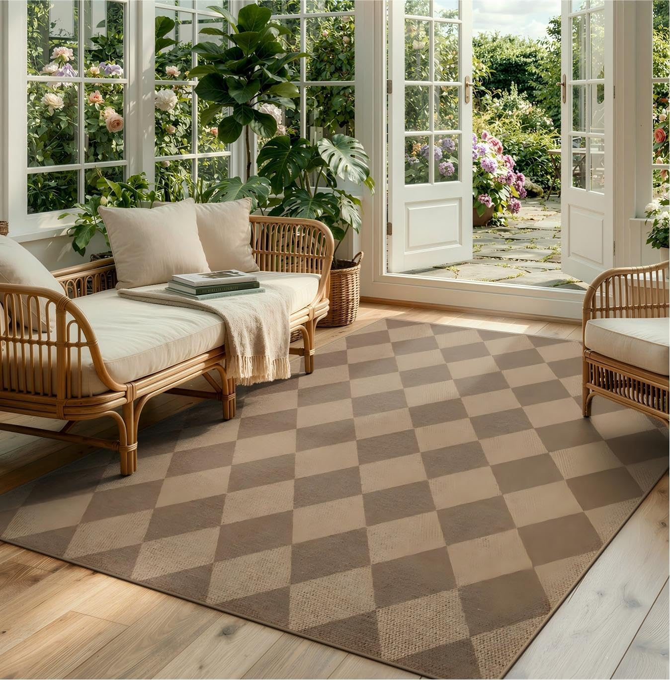 Lahome Checkered Easy Jute 5x7 Outdoor Patio Rug, Living Room Rugs Washable