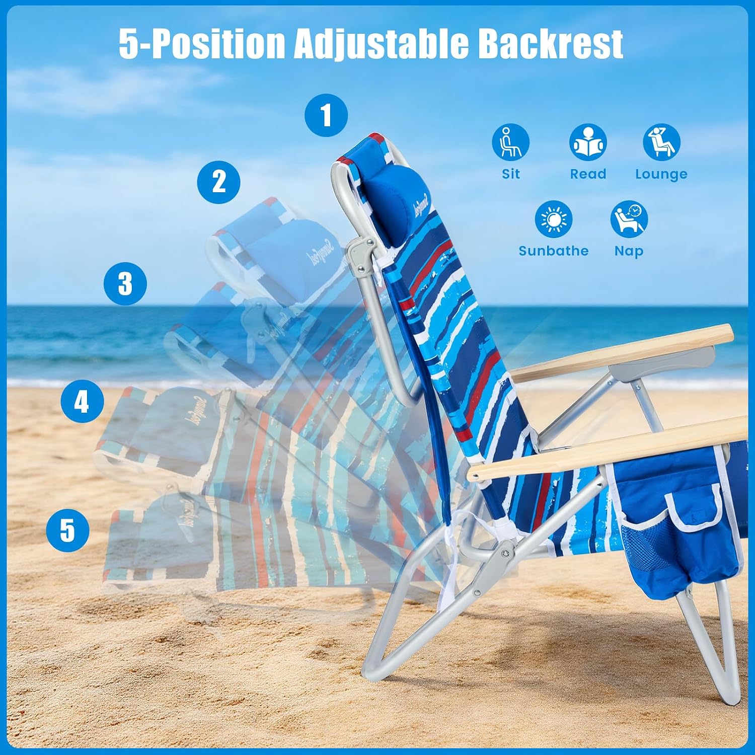SUNNYFEEL Tall Beach Chair, Reclining Beach Chair with 5-Position, Portable Camping Chair for Adults with Wood Armrest, Lightweight Camping Chair 300 lbs Heavy Duty, Blue Stripe, 2 Pack