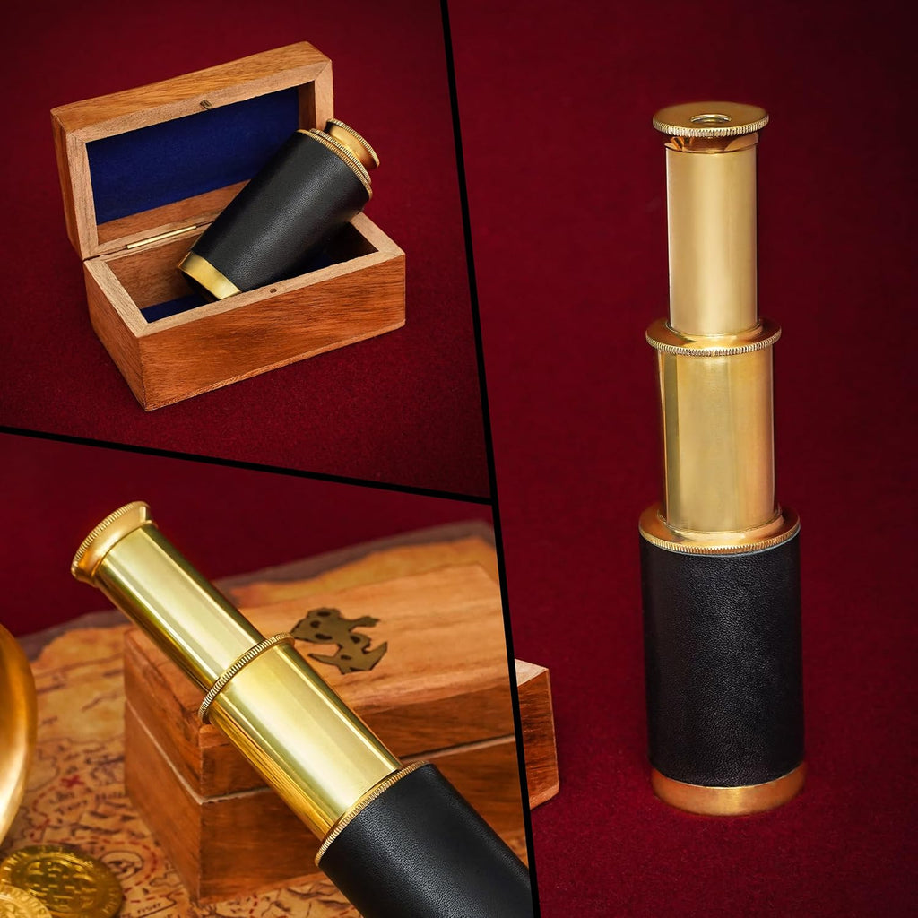 Mythrojan Medieval Brass Telescope with Mini Spyglass,Wooden Box for Reenactment, Cosplay, Steampunk,Nautical Decor - 6 inches, Brass