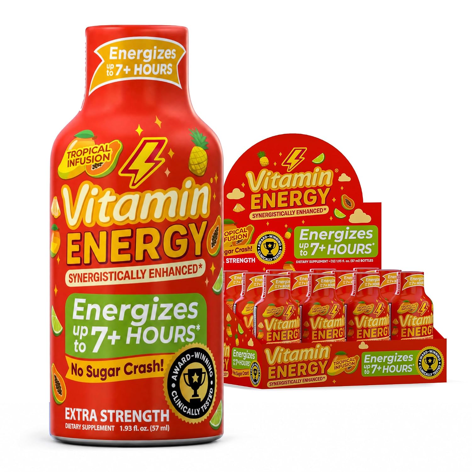 Vitamin Energy Acai Pomegranate Extra Strength Energy Shot, 24 Pack - Up to 7 Hrs, 260mg Natural Caffeine, Zero Sugar - B12 11,000% DV + B6 2,118% DV + Taurine 1,500mg, 1.93 fl oz, Keto Vegan