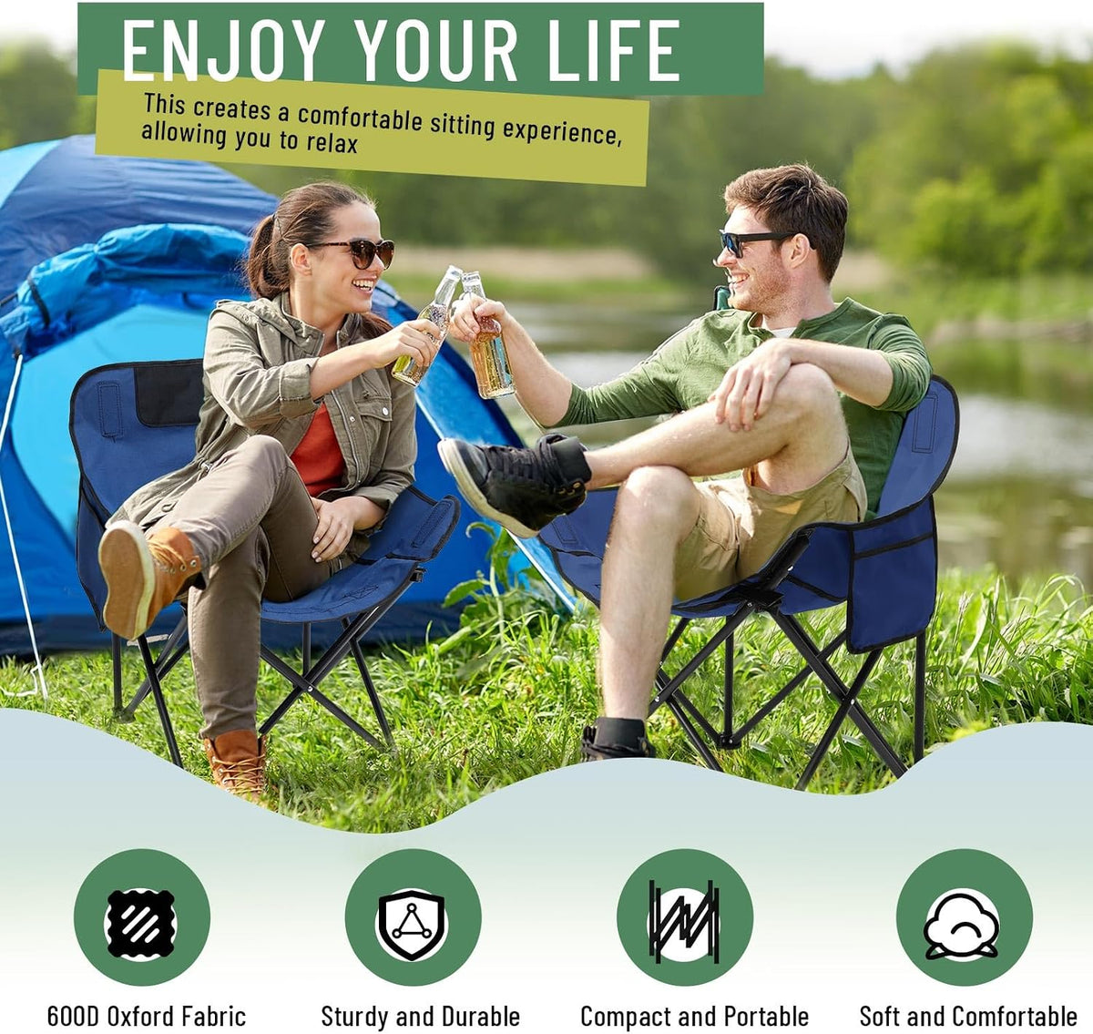 2 Pack Folding Camping Chairs Portable, Blue, Solid Color