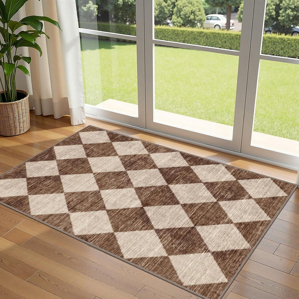 Brown Beige Checkered Entry Rug - 3x5 Non-Slip Indoor Outdoor Rugs