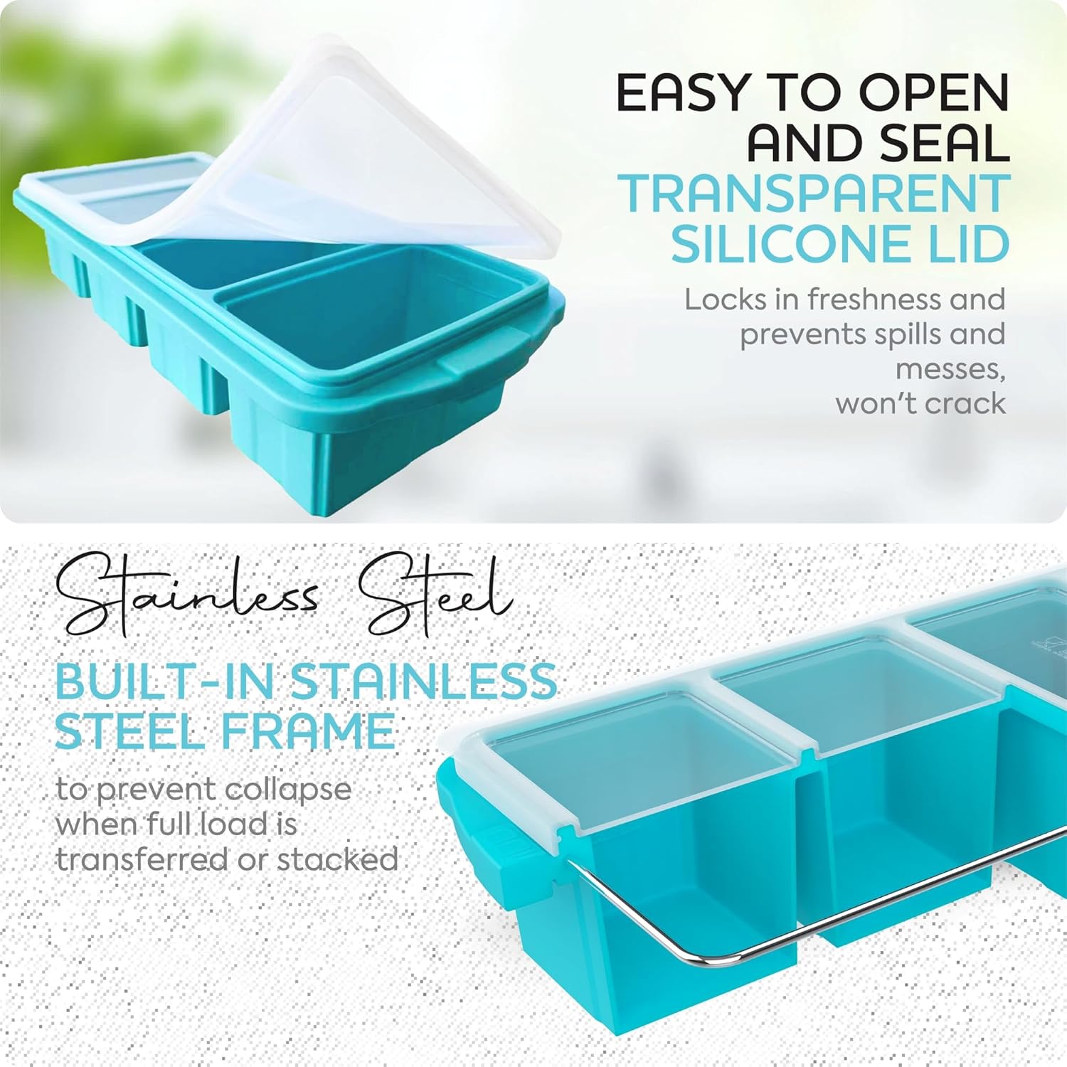 XOMOO Silicone Freezer Tray With Lid - Soup Freezer Container molds - Large Ice Cube Tray- makes 8 perfect 1 cup portions cubes, 2-Pack Freezer Storage Food Soups & Meal Prep - Oven & Dishwasher -Safe