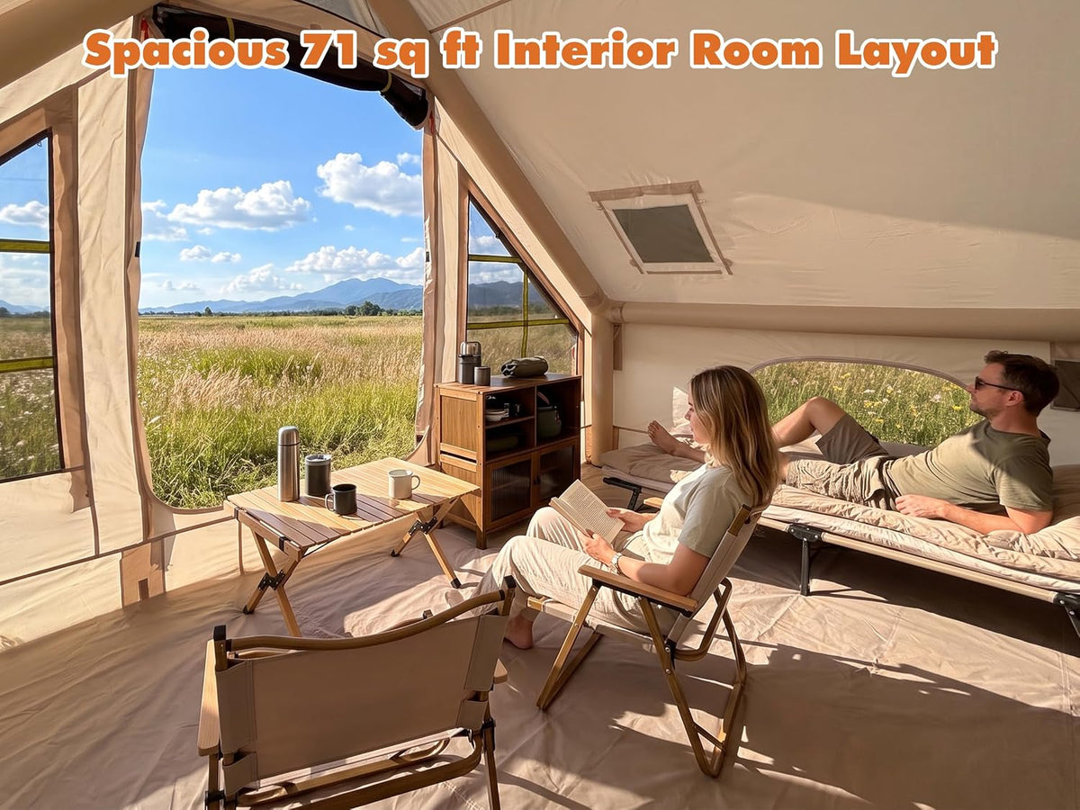 Inflatable Camping Tent for 4/6/8/10 Person, 4 Season Waterproof Blow Up Tent with Stove Jack & Skylight, Easy Setup Air Tent for Glamping & Family Camping