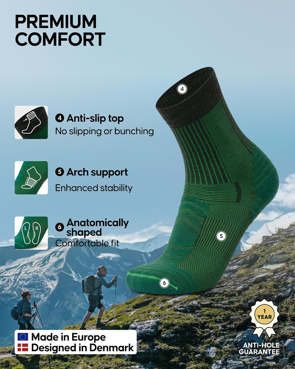 DANISH ENDURANCE Merino Wool Hiking Socks, Lightweight, 3 & 5-Pack