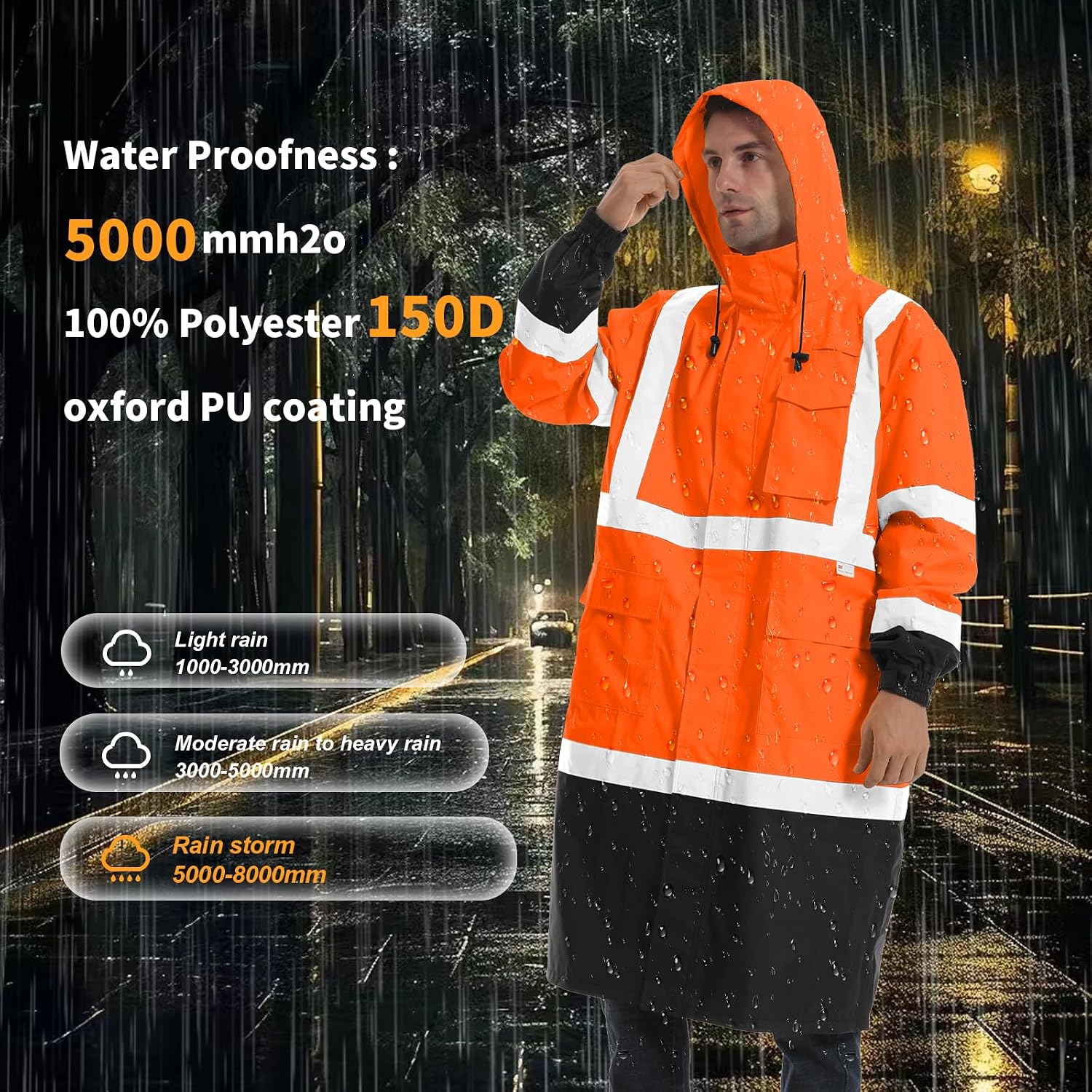 Hi Vis Rain Jacket with 3M Reflective Stripe,High Visibility Class 3 Rain coats,Safety Waterproof Rain Suits for Men with Hood and 2 Large Pockets construction work rain gear(Orange 3XL)