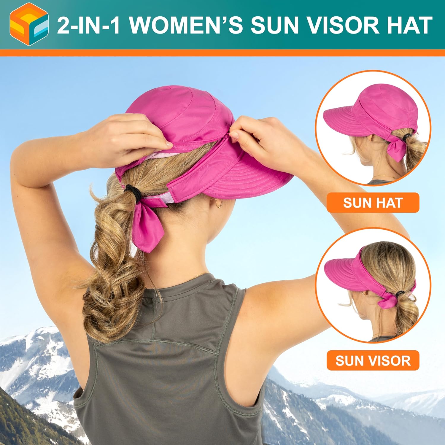 SUN CUBE Womens Sun Hat UV Protection Wide Brim Zip-Off Golf Visor