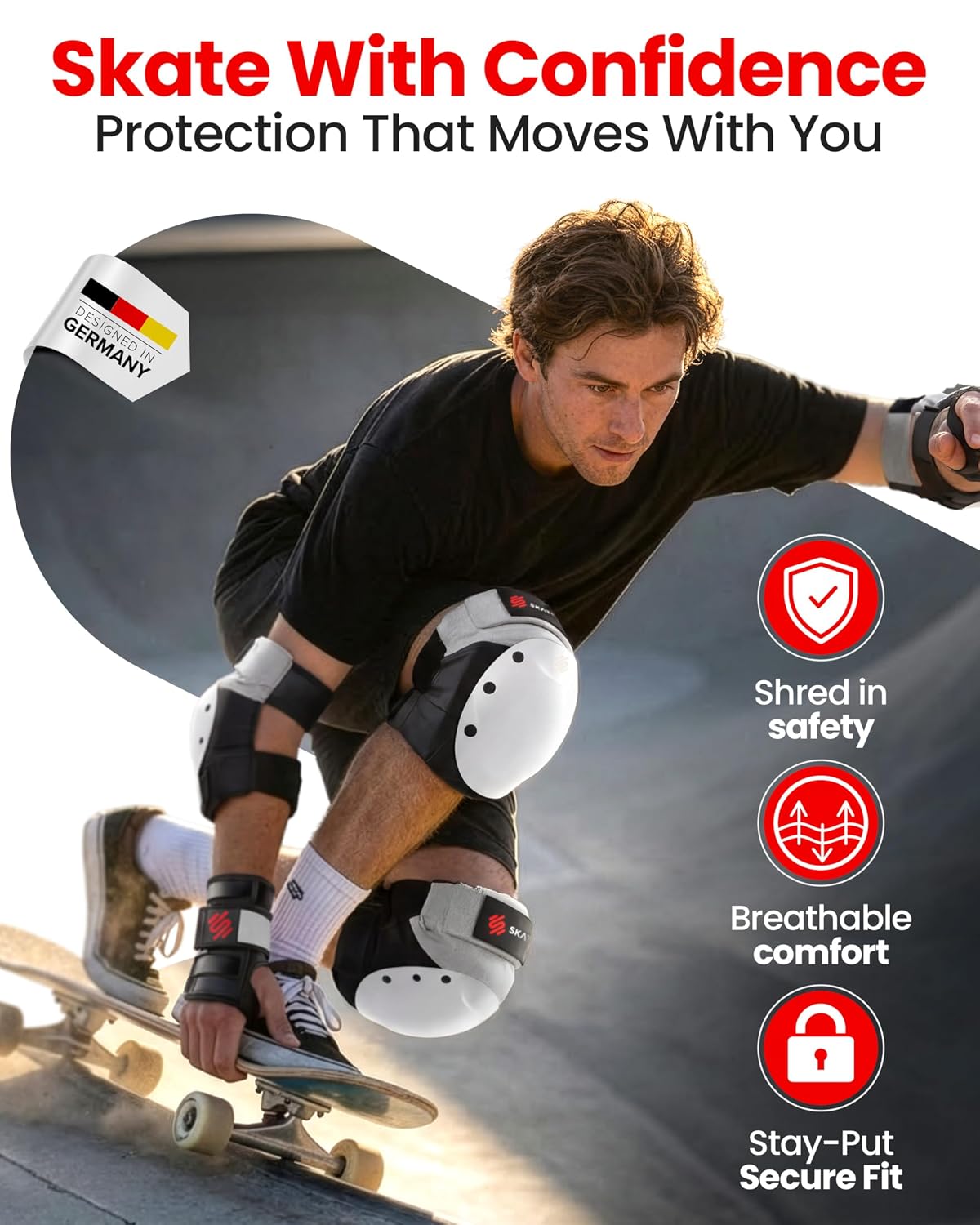 SKATEWIZ Adult Knee Pads, Skate & Skateboarding Wrist Guards for Skating Adult with Elbow Pads - Skateboard Protective Gear - Shield - Size M Grey White - Roller Skates, Inline Skates