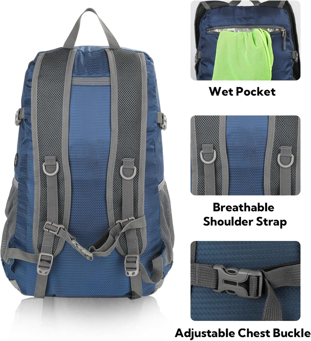 WATERFLY Lightweight Packable Hiking Backpack, 30L Day Pack Blue