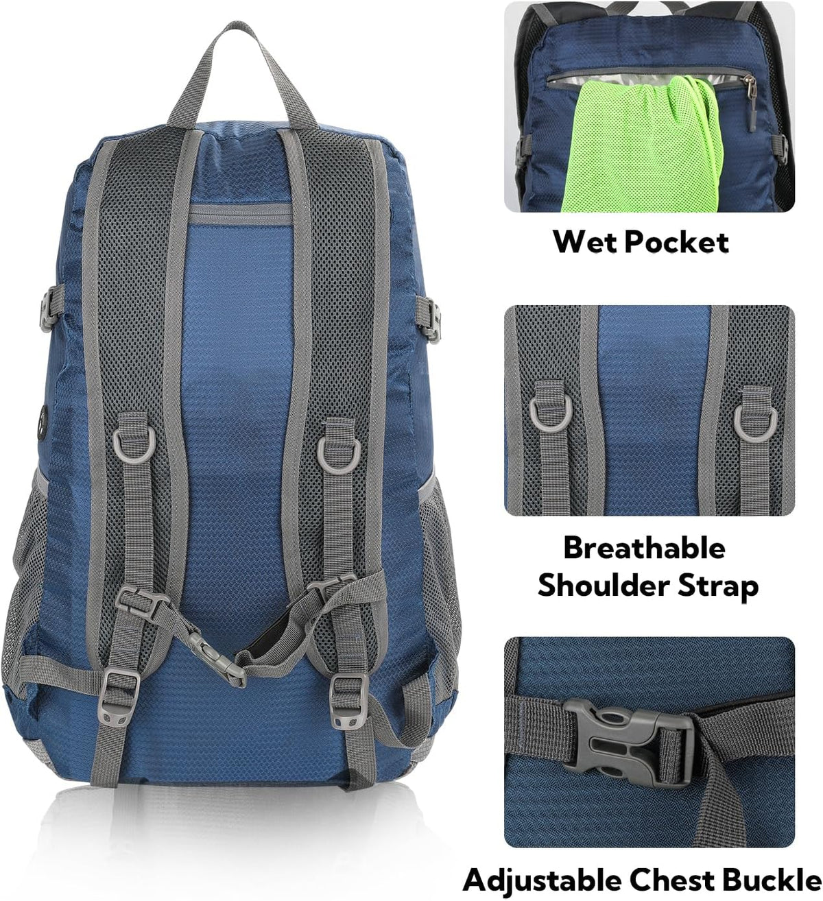WATERFLY Lightweight Packable Hiking Backpack, 30L Day Pack Blue