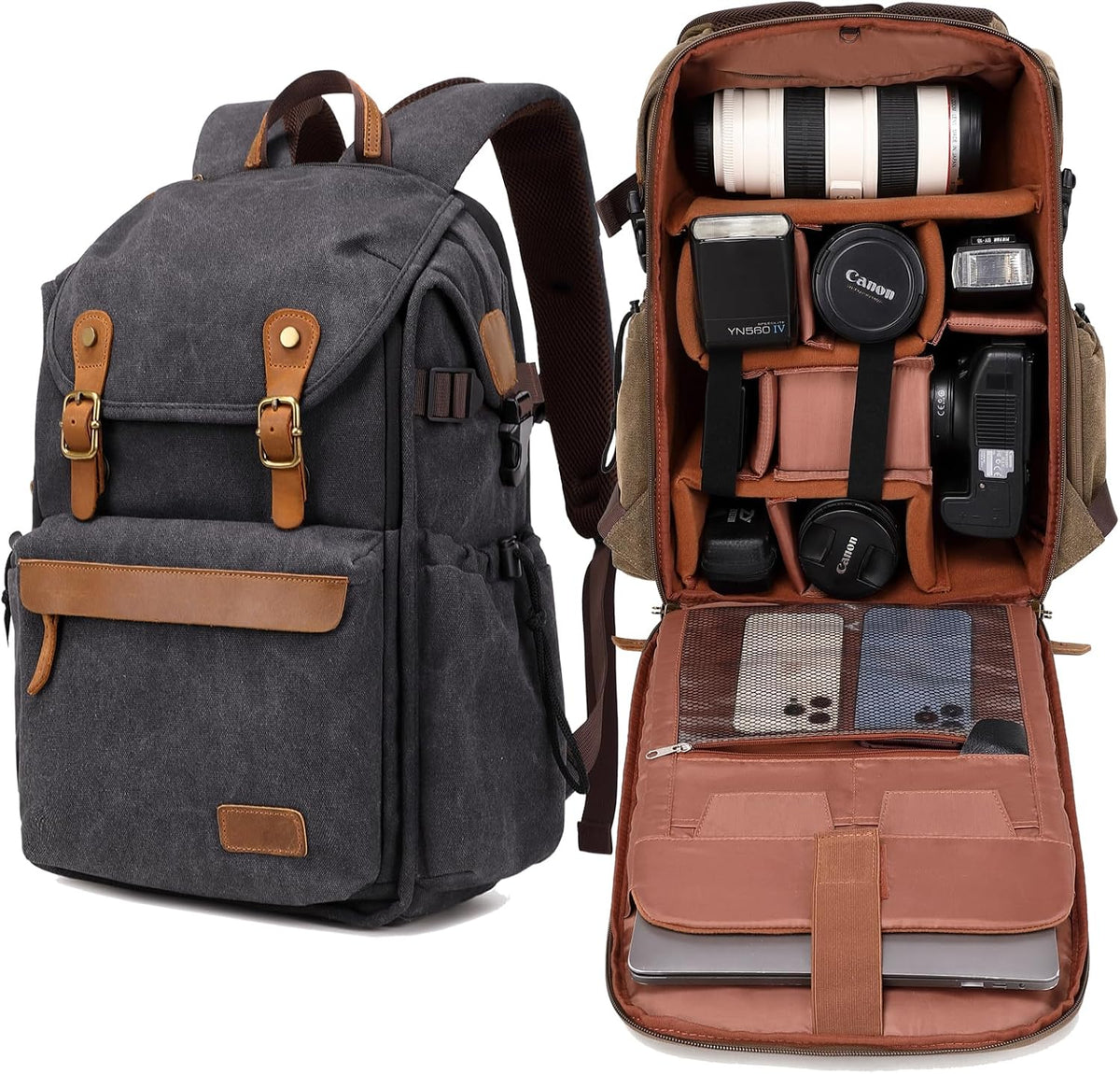 Vintage Canvas Camera Backpack (Coffee Brown) for DSLR/Mirrorless & Drone, Waterproof Photography Bag with 16" Laptop Compartment, Large Capacity Travel Camera Bag for Photographers