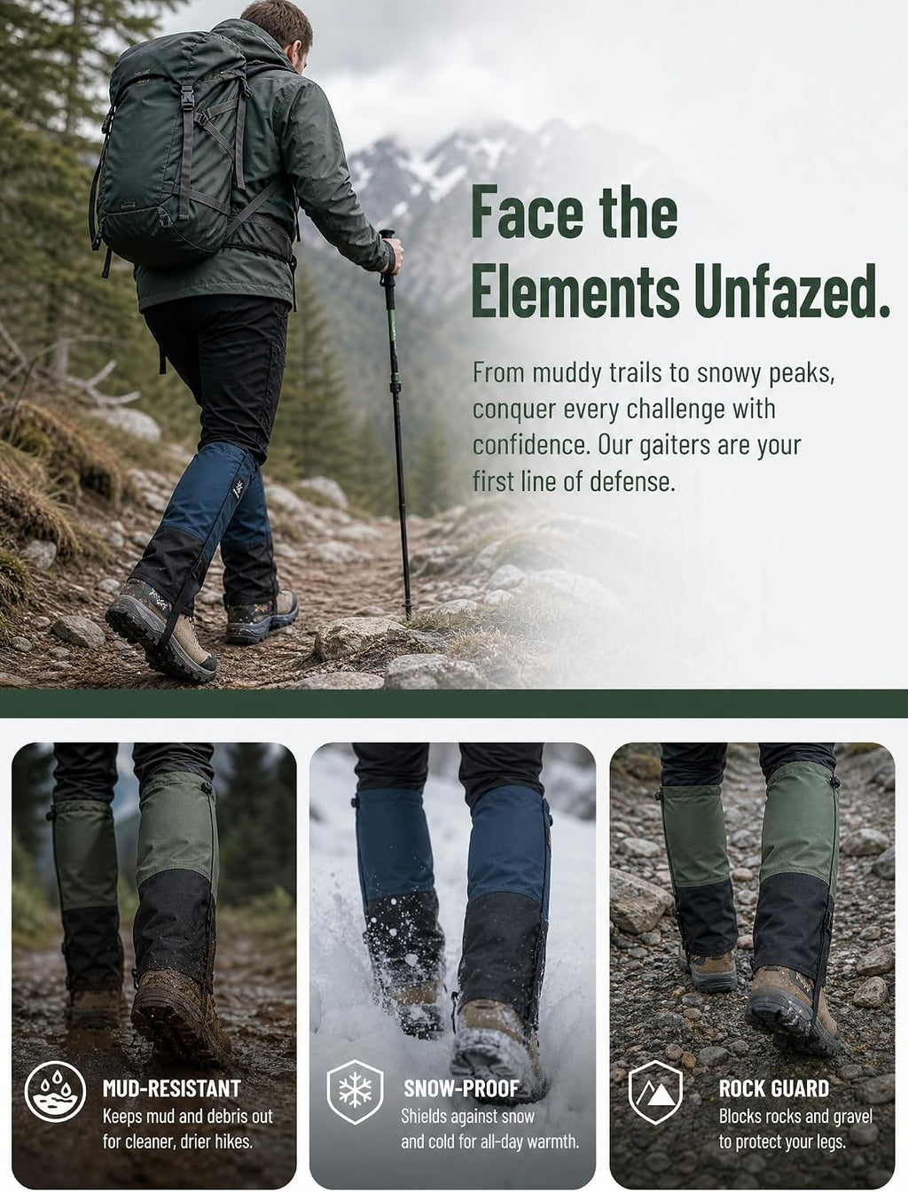 Gaiters for Hiking Waterproof, Leg Gaiters, Lightweight Shoe Gaiters for Men Women, Dirt-Proof Ripstop Hiking Gaiters, Breathable Boot Gators for Hunting