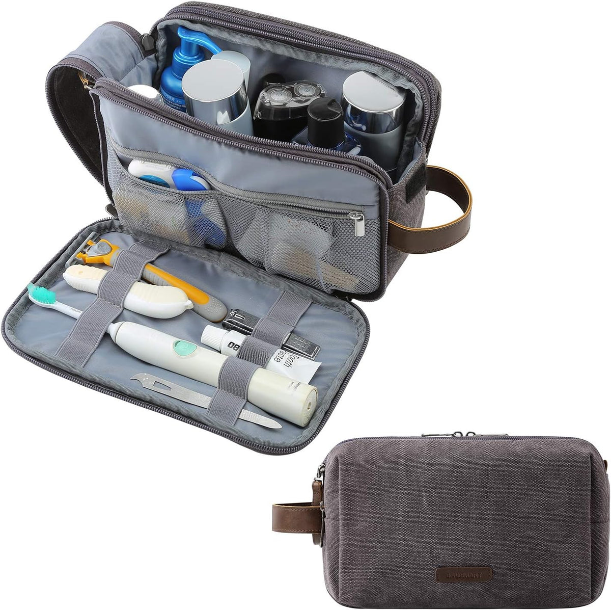BAGSMART Toiletry Bag for Men, Canvas Travel Toiletry Organizer Dopp Kit Water-resistant Shaving Bag for Toiletries Accessories,Beige-Medium
