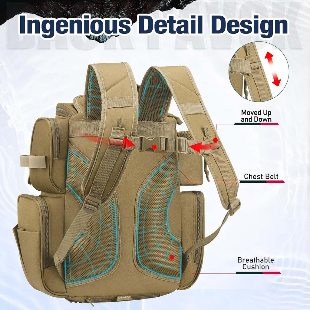 Piscifun Fishing Tackle Backpack with 2 Rod Holders, 4 Boxes & Rain Cover