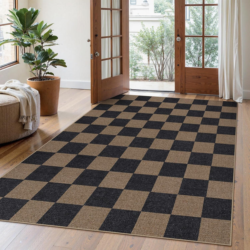 Lahome Checkered Easy Jute Living Room Rugs, 5x7 Outdoor Patio Rug Washable
