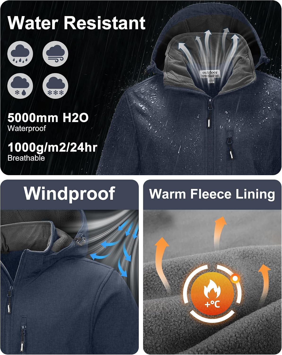 Outdoor Ventures Men's Softshell Jacket Waterproof Fleece Rain Shell Coat