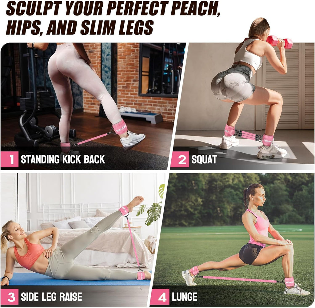 KUZARO Ankle Resistance Bands with Cuffs, Ankle Weights Bands for Working Out, Women Leg and Glutes Workout Equipment, Exercise Bands for Kickbacks, Butt and Booty Trainer, Home Gym Fitness Equipment
