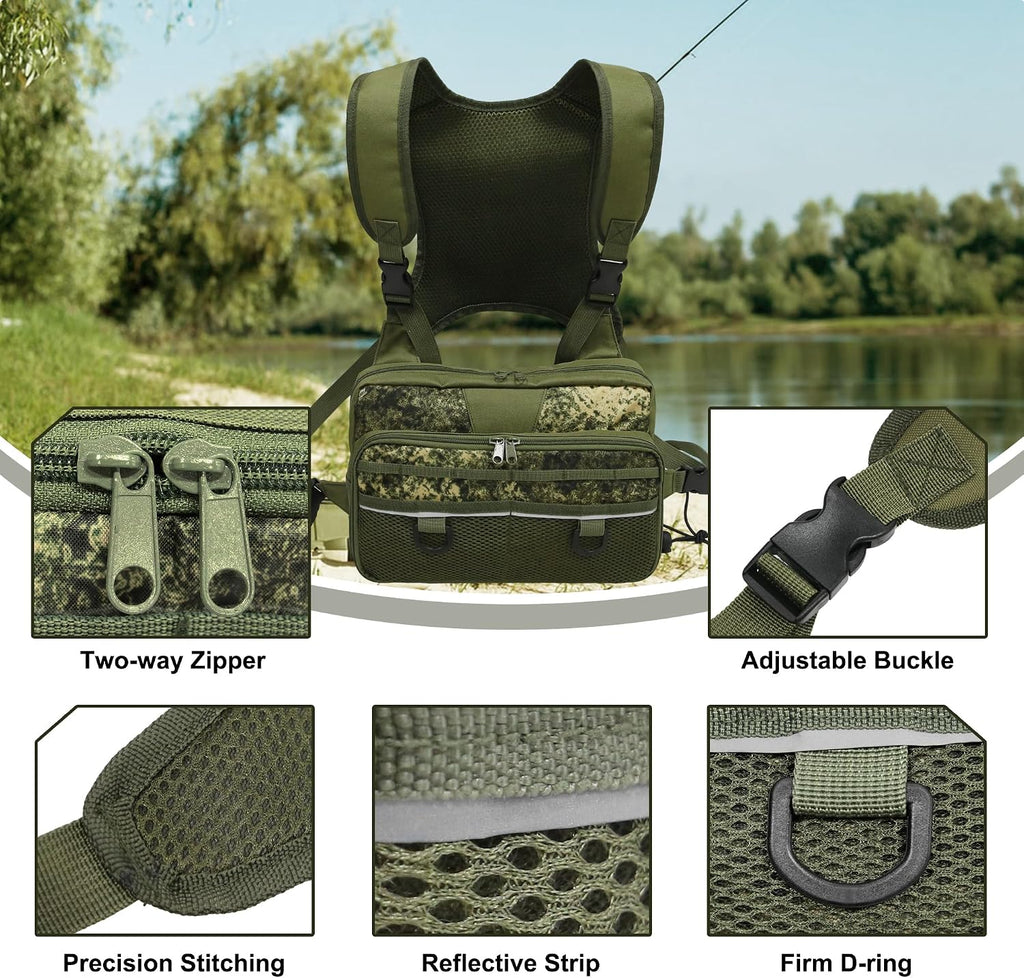 MYDAYS Fishing Chest Pack, Fly Fishing Bag for Men and Women, Tackle and Fly Boxes Storage Pack, Hunting Binocular Pack (Green)