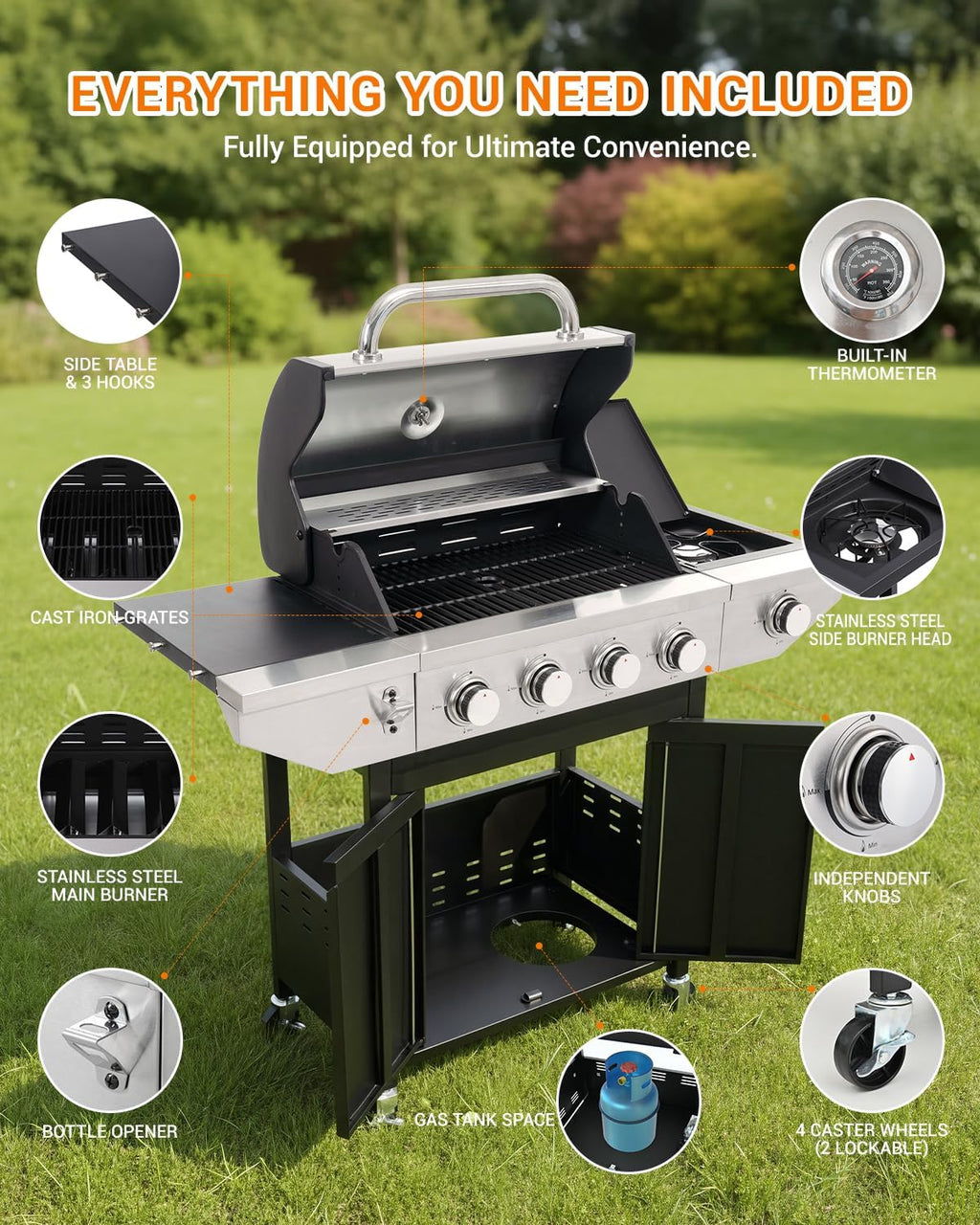 EUHOME 4-Burner Propane Gas BBQ Grill with Side Burner, 46,500 BTU Output Stainless Steel Barbecue Grill with Enameled Cast Iron Grates and Side Tables for Outdoor Cooking Kitchen and Patio Backyard