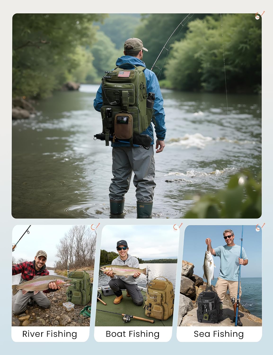 SKYSPER Tackle Backpack Fishing Bags with Rod Holder, 40L Water-Resistant Tackle Box Storage Bag for Fishing Gear Lures(Armygreen)