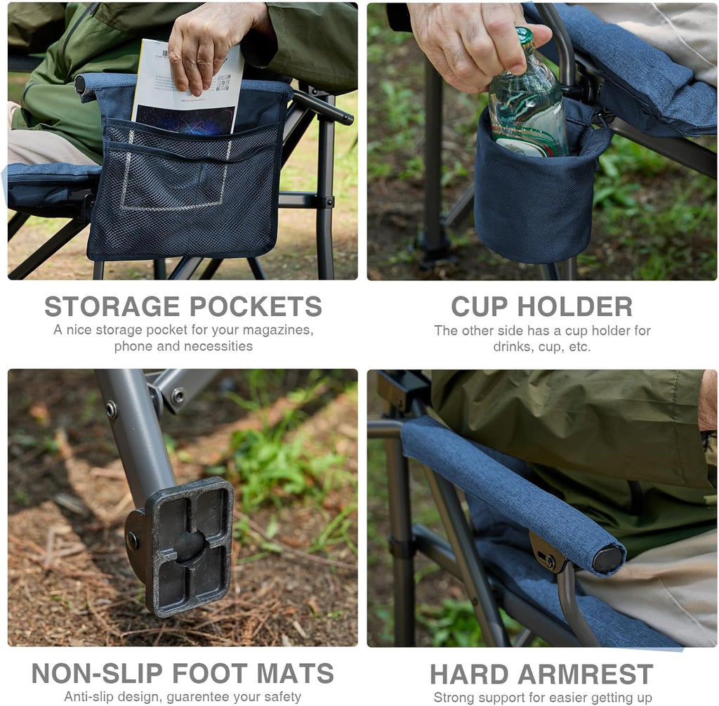 EVER ADVANCED Padded Oversized Folding Camping Chair for Adults, Heavy Duty Lawn Chair with Side Pockets, Portable Collapsible Quad Chair for Outside, Support Up to 500lbs, Blue