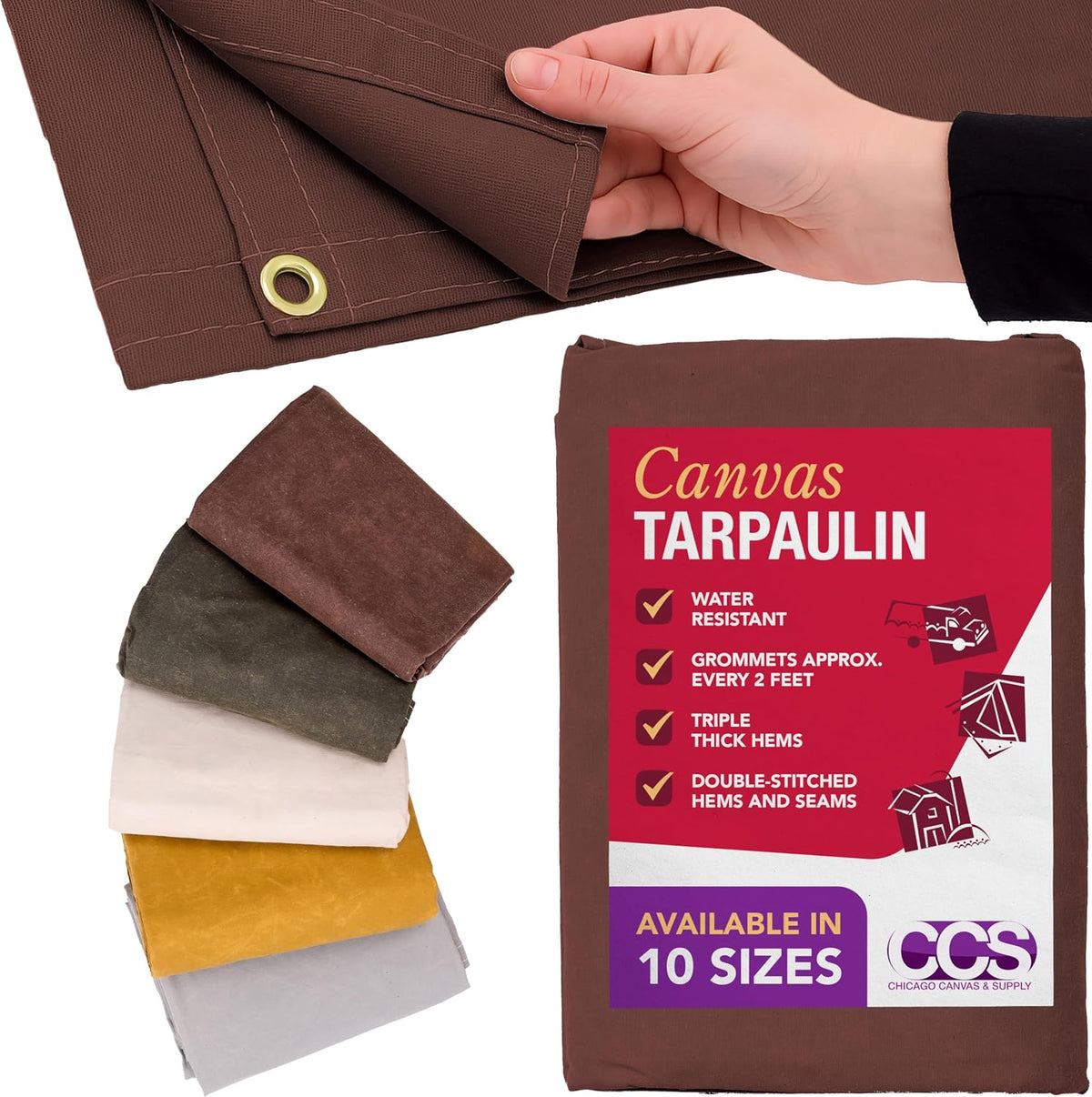 CCS Waterproof Canvas Tarp Cover – Heavy Duty Duck Cloth, Waxed Canvas Tarpaulin with Rustproof Brass Grommets for Camping, Construction, Equipment & Outdoor Use (Brown, 7x9 Ft)