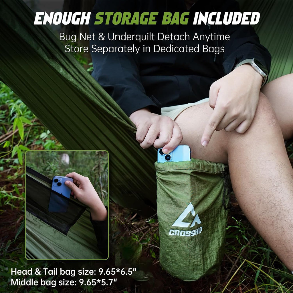 Camping Hammock with Mosquito Net with Built-in Underquilt - Built-in Quilt for Lightweight Soft Warm 4 Seasons, Great for Hiking Backpacking Camping Travel(Hold Up to 500lbs) - Olive Green