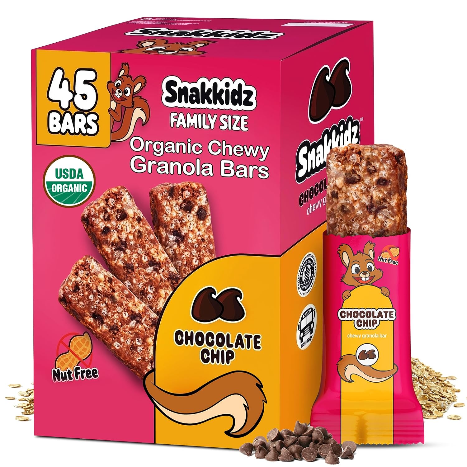 Snakkidz Organic Granola Bars, Chocolate Chip, Seed oil free, 45 Bars