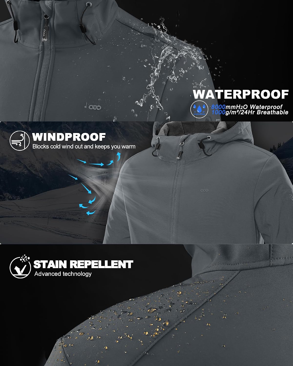 33,000ft Men's Hooded Fleece Lined Rain Shell Jacket Waterproof Lightweight