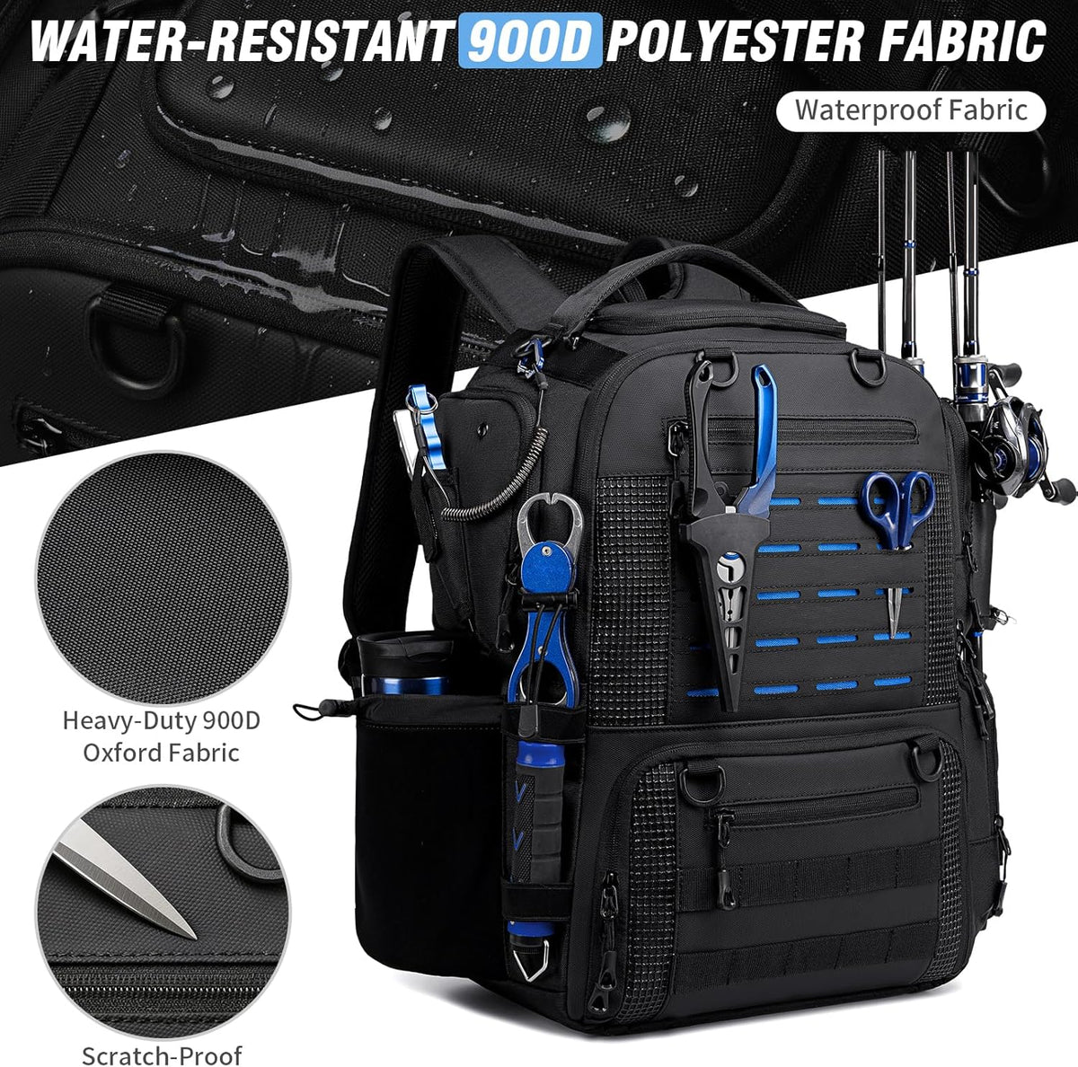 Fishing Tackle Backpack with 2 rod holders & 4 Tackle Boxes
