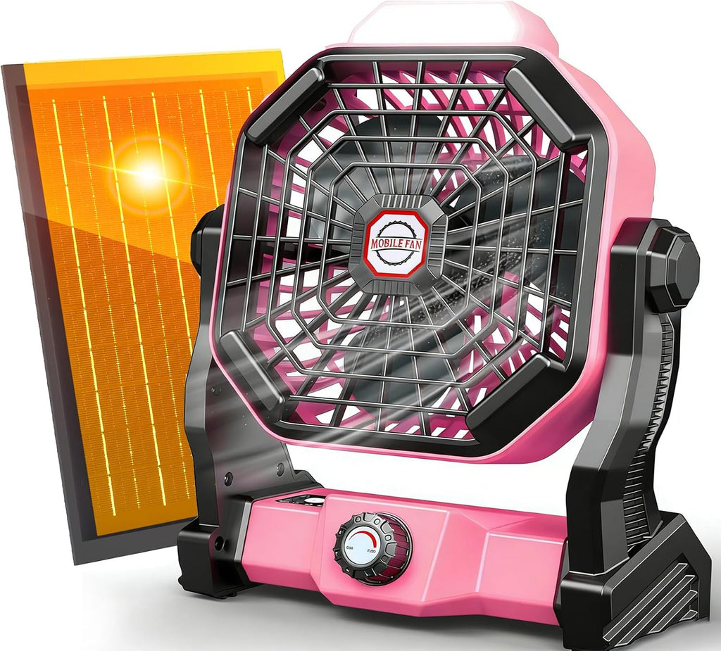 Solar Powered Fan,【Max 60H Runtime】Rechargeable Solar Camping Fans & Led Lantern,8-inch Portable Fan with Solar Panel,Battery Operated Powered Outdoor Tent Fans for Camping Essentials Accessories