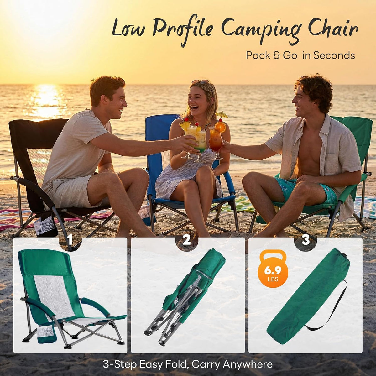 NEWBULIG Low Beach Chair, Folding Camping Chairs, Green