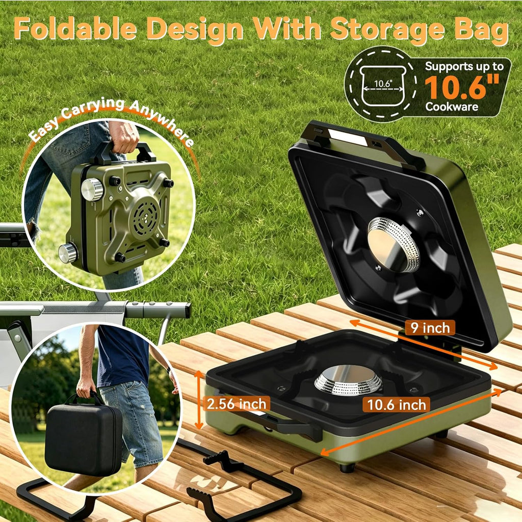 2 Burner Camping Stove with 2-In-1 Cookware Set, 24000 BTU Propane Gas Stove, Foldable Camp Stove with Frying Pan, Pot, Windshield & Carry Bag, Camping Essentials for Picnic, RV, Camp kitchen, Green