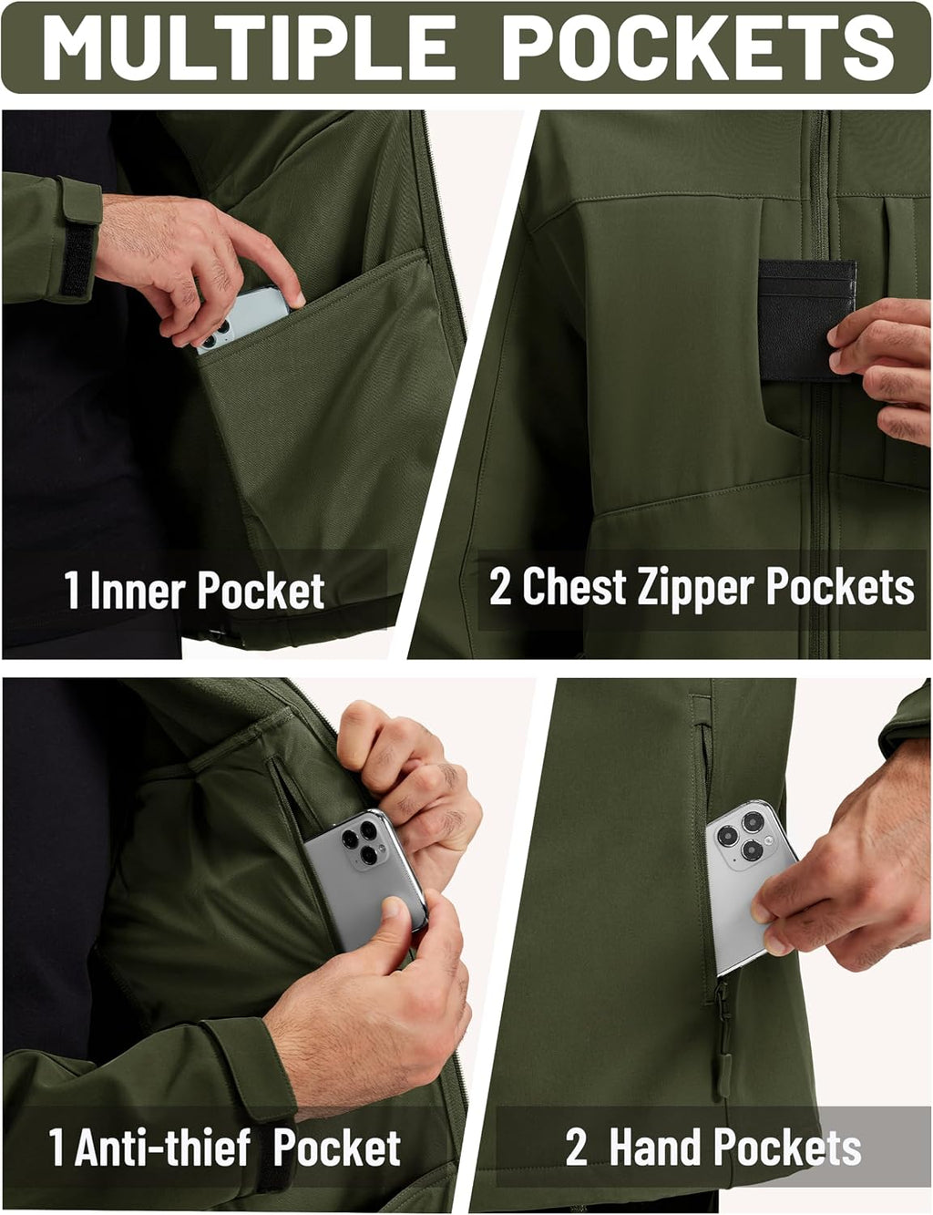 TACVASEN Men's Hooded Softshell Waterproof Fleece Lined Lightweight Jackets