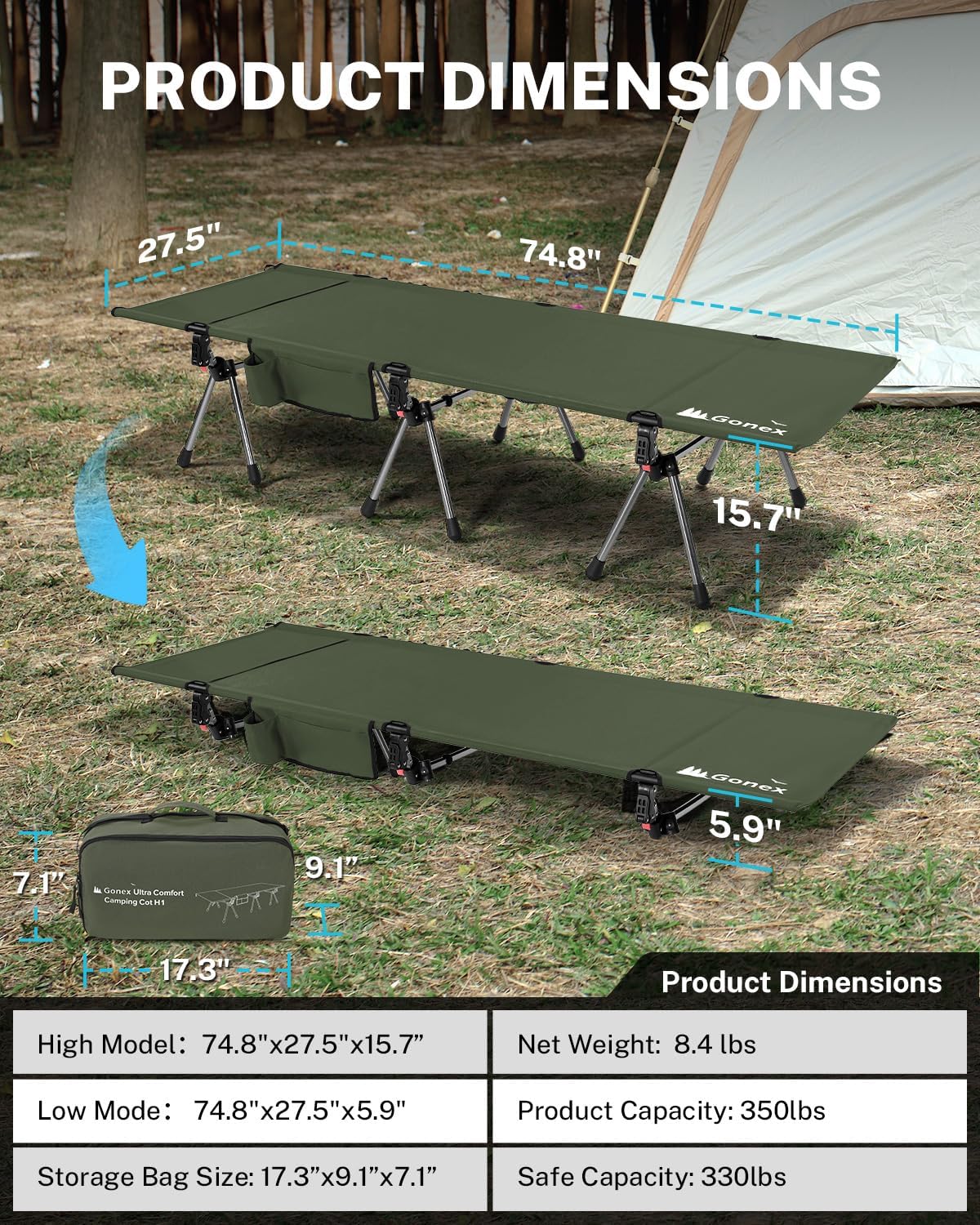 Gonex Camping Cot with Adjustable Height, Portable Folding Cot for Adults