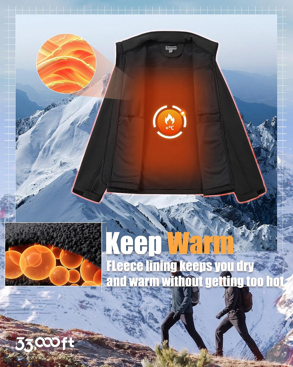 33,000ft Men's Waterproof Softshell Jacket Fleece Lightweight Windbreaker