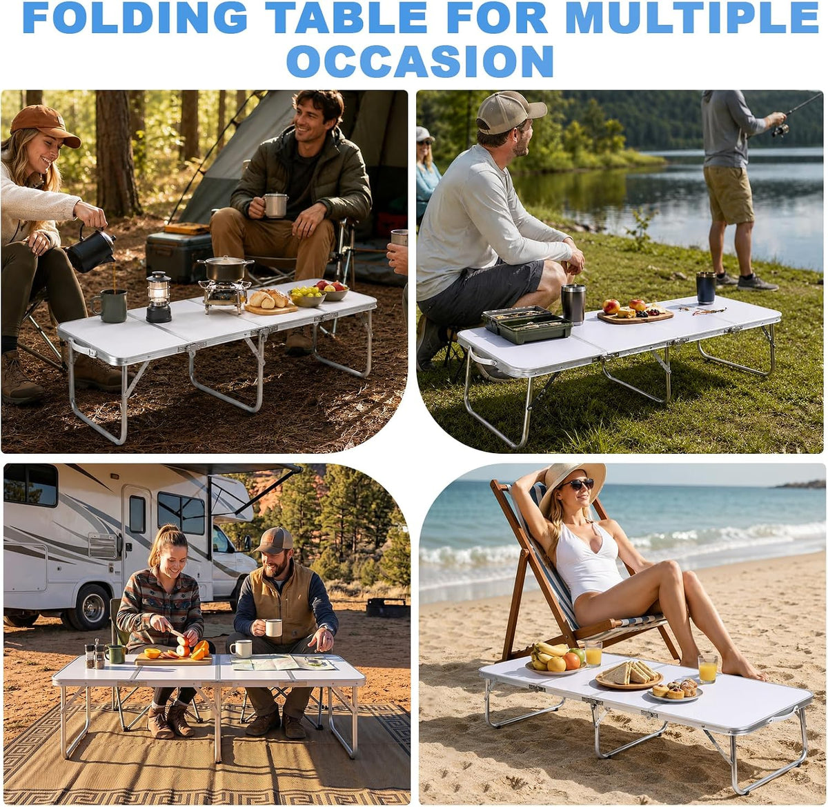 Moosinily Small Camping Table 4FT Folding Picnic Table Foldable Low Camp Table Portable Short Aluminum Outdoor Short Floor Beach BBQ Travel White 47.2×15.7 inch