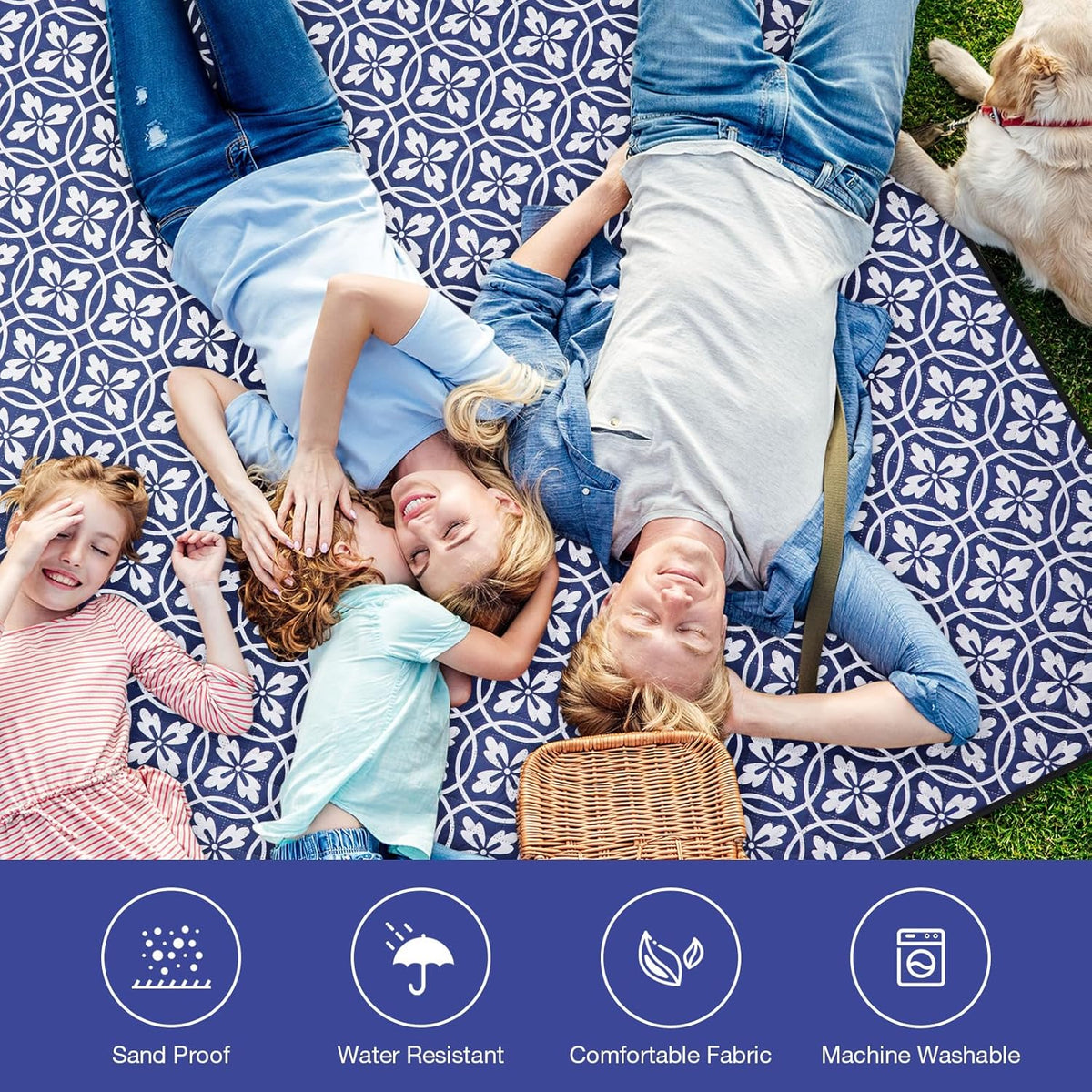 WILLOW WEAVE Large Picnic Blanket Waterproof,Outdoor Blanket - NavyBlue