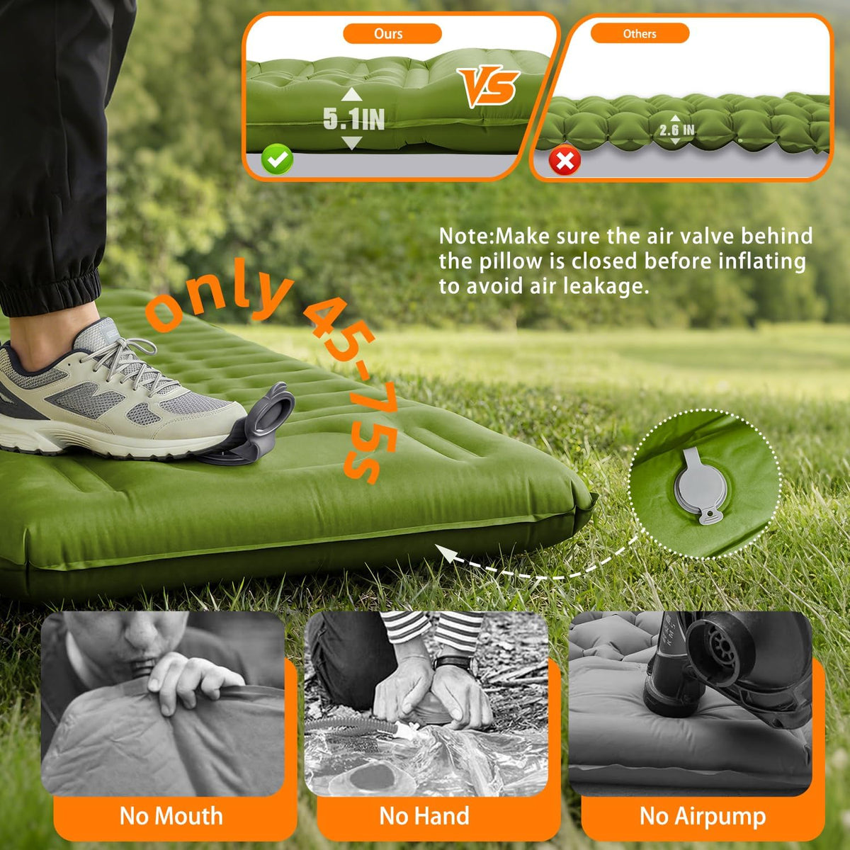 Camping Sleeping Pad, Extra Thick 5 Inch with Built-in Pillow & Foot Pump