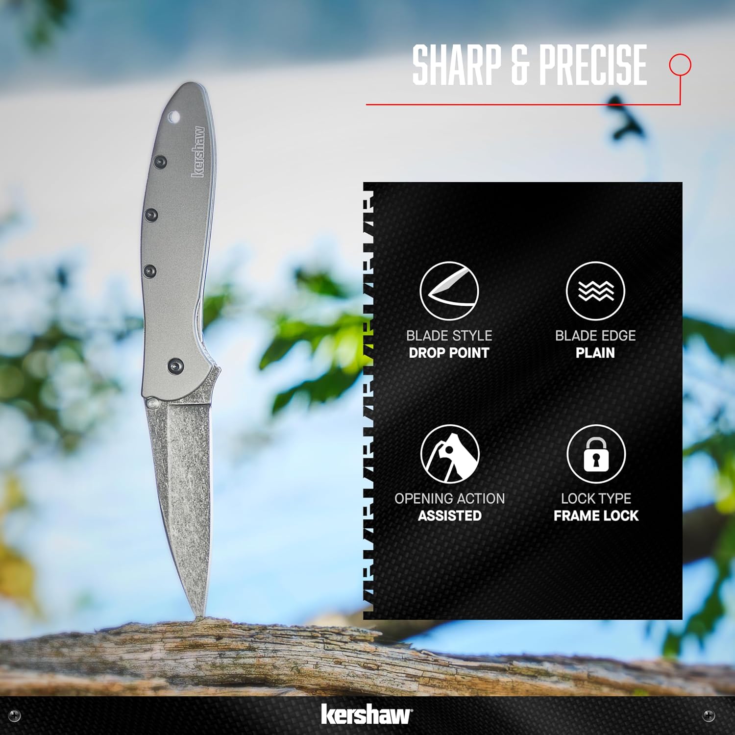Kershaw Leek, BlackWash Pocket Knife (1660BLKW); 3 Sandvik 14C28N Steel Blade, 410 Stainless Steel Handle, BlackWash Finish, SpeedSafe Assisted Open, Frame and Tip Locks, Reversible Pocketclip; 3 OZ