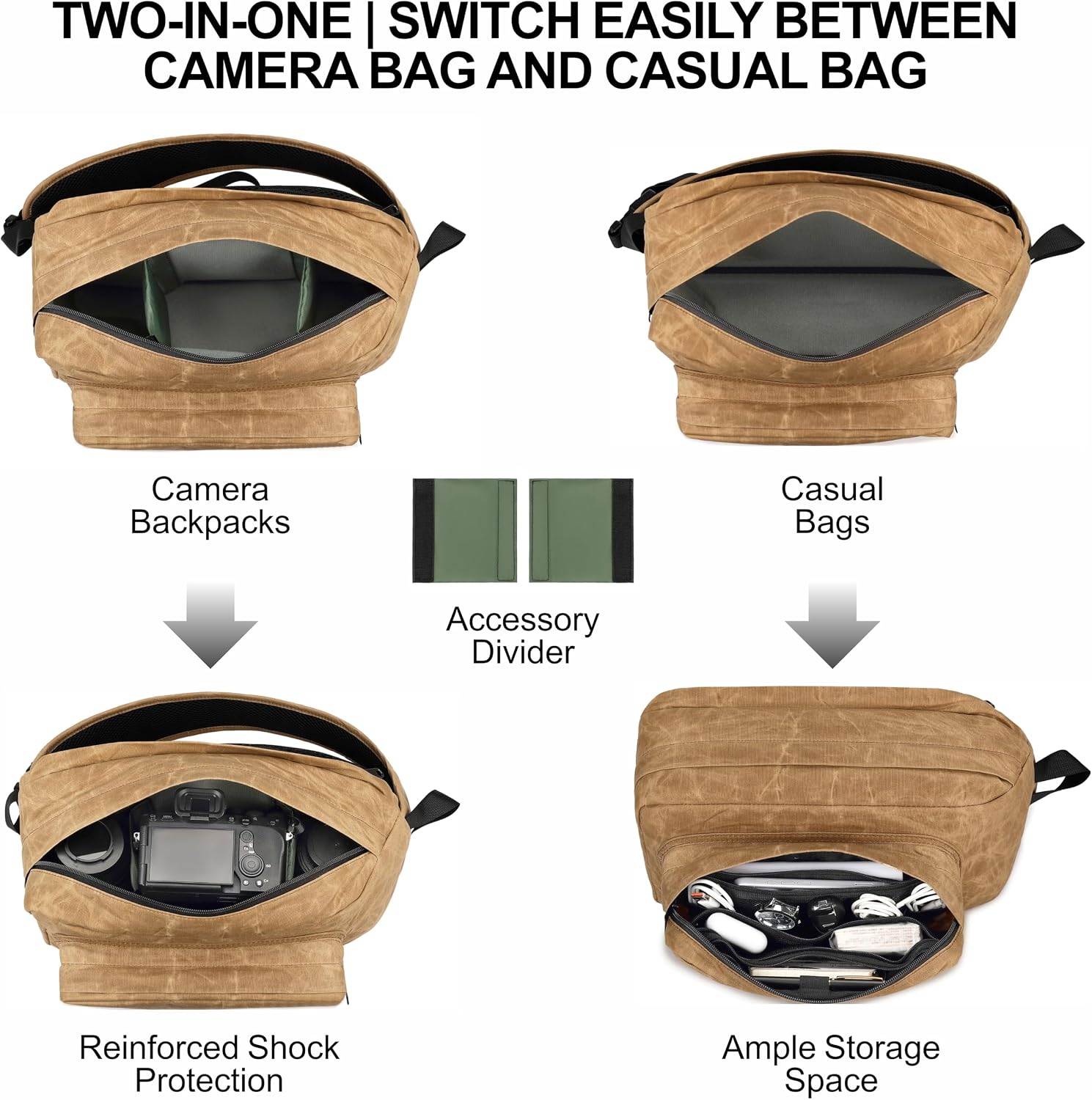 Padwa Lifestyle Khaki Crossbody Camera Bag - Waxed Memory Canvas Compact Camera Sling and Crossbody Bag with Fast Access,Versatile Lightweight Everyday Bag Great for Photographers Travel,Photography