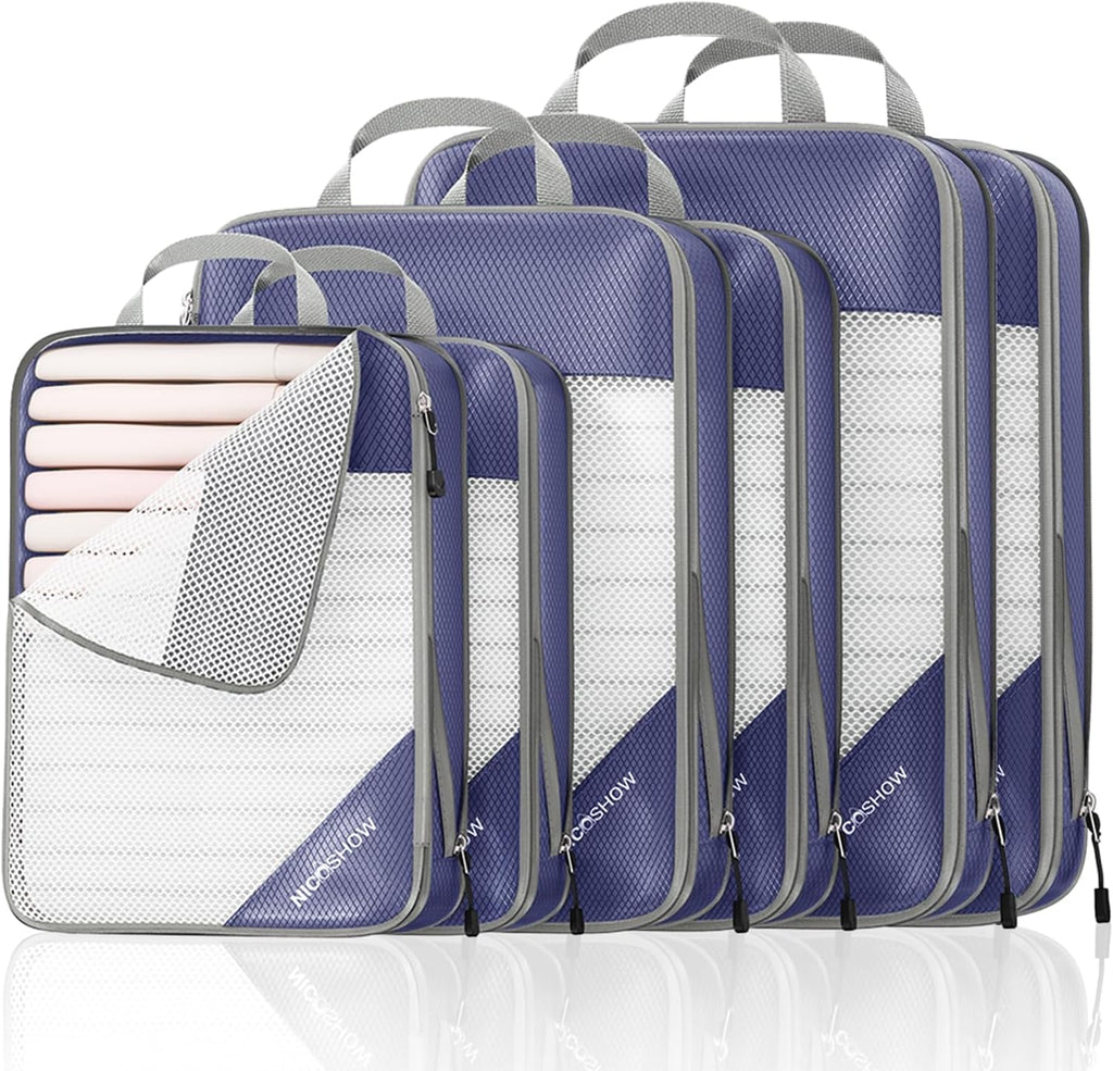 NICOSHOW Compression Packing Cubes 6 Set, Compressible Space-Saving Packing Cubes for Travel - Compression Bags, Luggage Organizer, Travel Essentials for Women, Bluish Purple